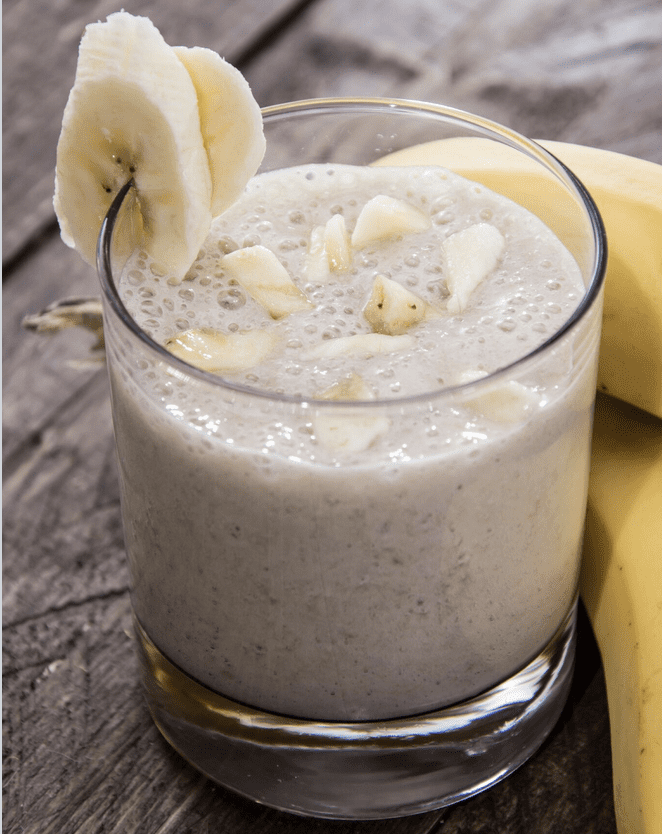 peanut butter banana healthy smoothie in a glass