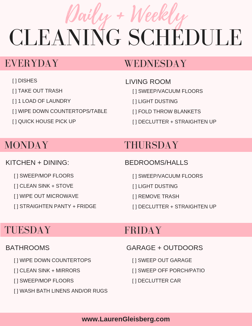 DAILY HOUSE CLEANING SCHEDULE + CHECKLIST Lauren Gleisberg