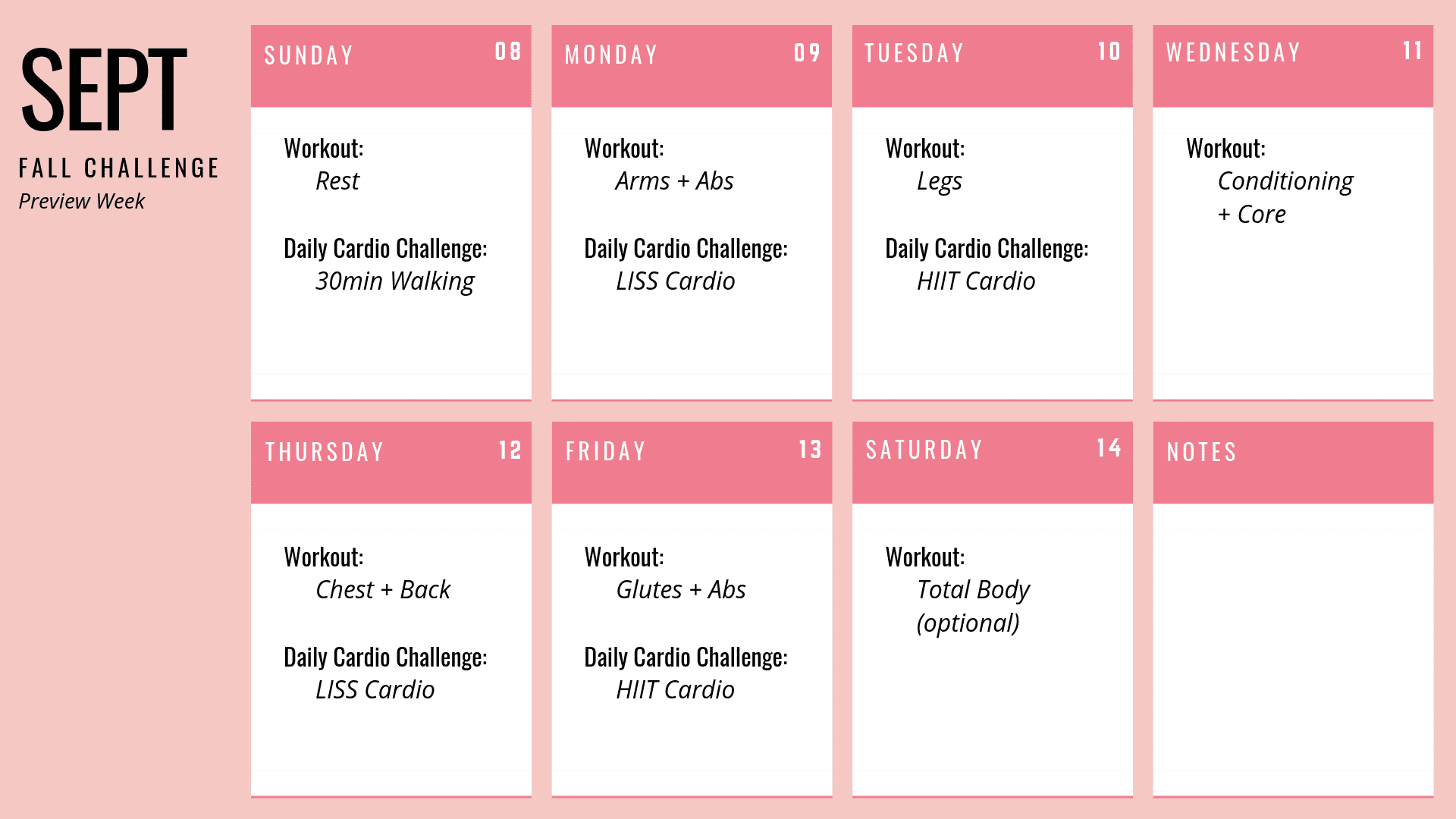fall challenge weekly workout calendar