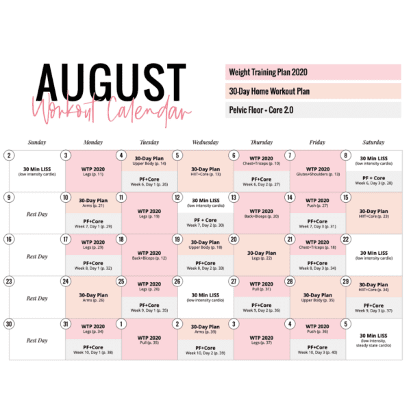 august 2020 workout calendar