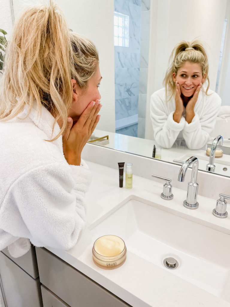 colleen rosthchild skincare routine at sink